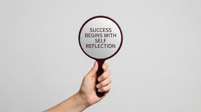 Hand holds a magnifying glass containing the phrase success begins with self reflection against a plain gray background, presenting a minimal concept of analysis and mindset.