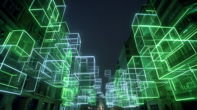 Glowing green and cyan wireframe cubes suspended above narrow city street at night, futuristic tunnel