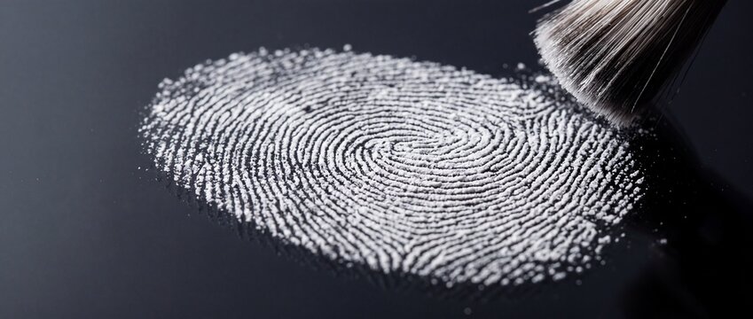 Fingerprint pattern revealed with white powder and dusting brush on dark reflective surface for forensic investigation