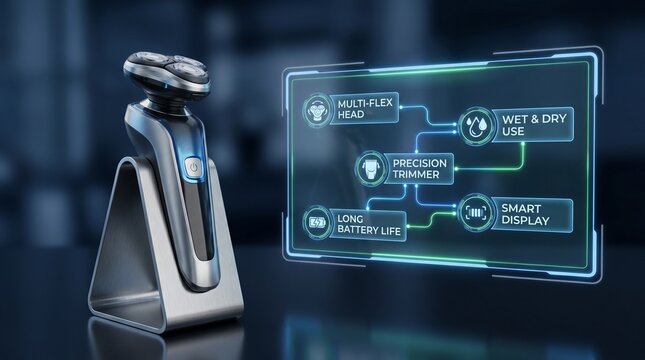 Electric rotary shaver on a charging stand with a digital feature display