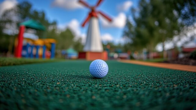 A blue golf ball centered on green artificial mini golf course