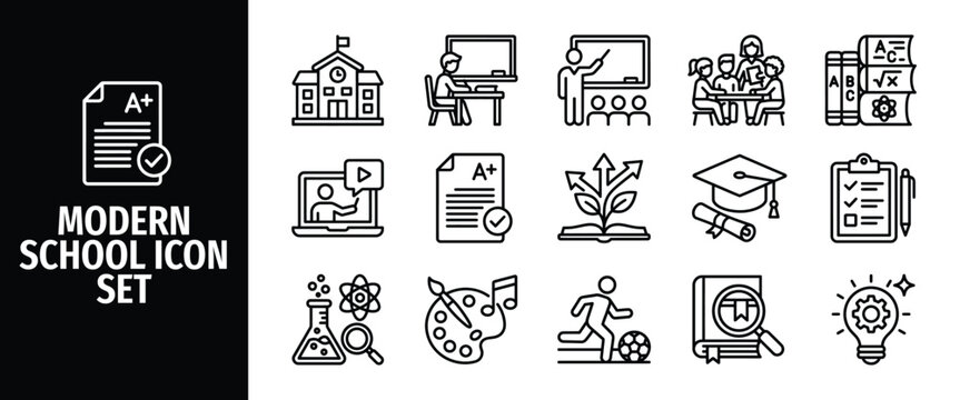 Modern school icon set, education and learning line icons collection, vector illustration