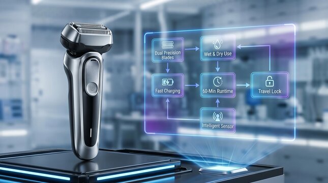 Electric shaver with holographic feature display in laboratory setting