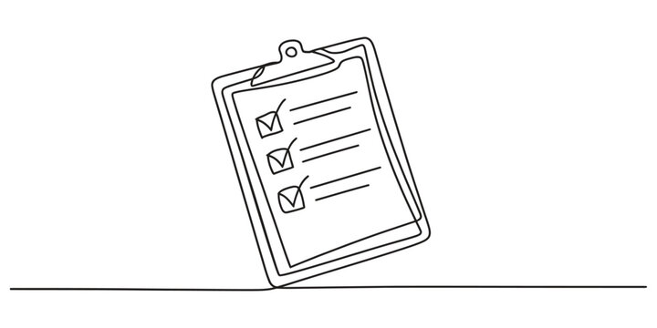 Continuous single line drawing of a clipboard with a completed checklist