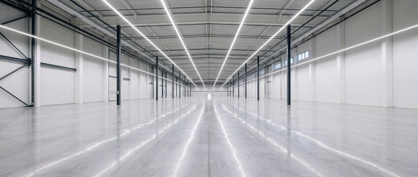 Empty large industrial warehouse with concrete flooring and bright interior lighting and steel structure frames ceiling