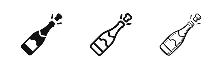 Champagne Bottle Popping Icons Set in Solid, Outline, and Hand-Drawn Styles © drawing lines