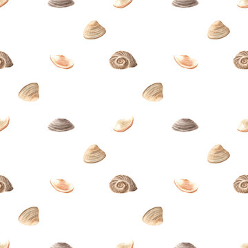 Watercolor illustration: seamless pattern with seashells in natural beige and brown tones, minimalistic sparse layout, hand-painted. In coastal Mediterranean style. For packaging, paper, textile, scra