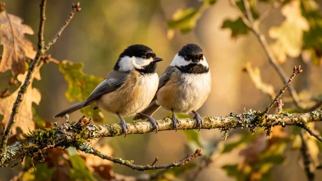 two black capped chickadee birds in yellowstone national park usa close up beautiful composition golden light video