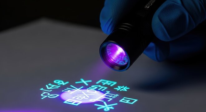 Forensic Scientist Using Ultraviolet UV Flashlight to Reveal Hidden Glowing Symbols and Secret Markings
