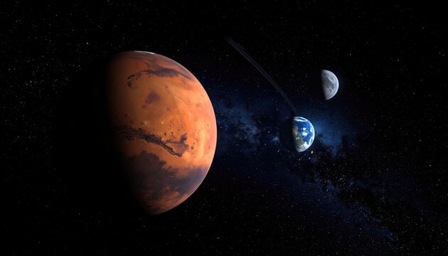 Red planet, Earth, Moon, and ring structure in starry deep space