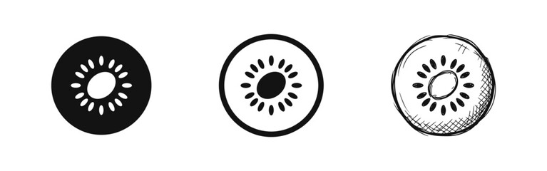 Obraz premium Kiwi fruit slice icon set with solid, outline, and hand-drawn sketch styles isolated on white background