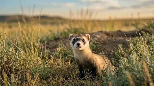 black footed ferret in great plains usa close up morning light video