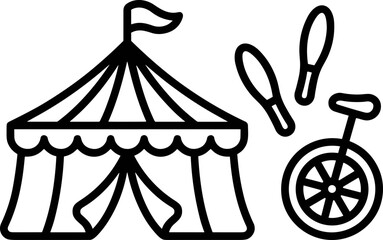 Circus Tent, Juggling Clubs, and Unicycle - Simple Line Art Illustration © 300mas