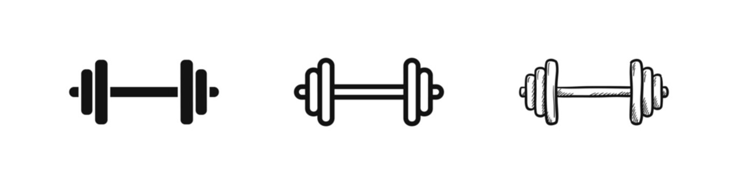 Gym dumbbell icon set with solid, outline, and hand-drawn sketch styles for fitness and bodybuilding themes