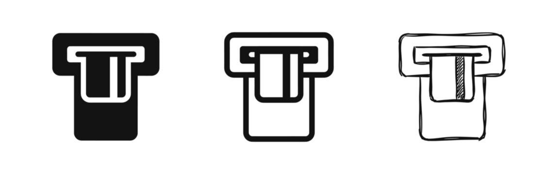 ATM credit card slot icon set with solid, outline, and hand-drawn sketch styles for banking and payment themes