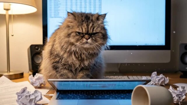 Grumpy persian cat working on a laptop in a chaotic home office environment causing accidental coffee spills animation video clip