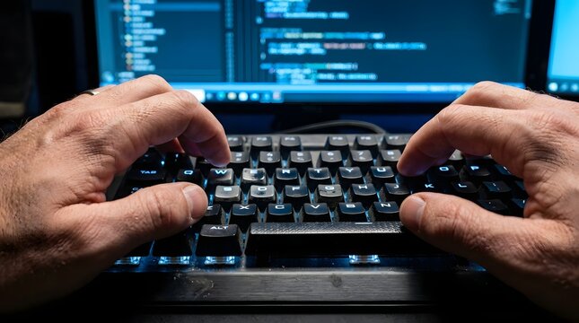 Software Developer Hands Typing on Backlit Mechanical Keyboard with Programming Code on Monitor - Cybersecurity and Information Technology Concept