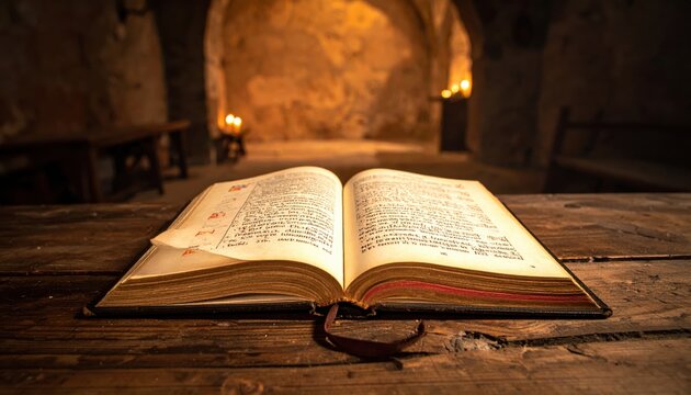 An ancient open parchment manuscript revealing finely detailed illuminated Latin text, resting on a rustic wooden surface within a dimly lit stone chamber.