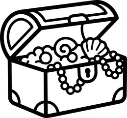 Open Treasure Chest Filled With Pearls, Seashells and Jewelry - Line Art © 300mas