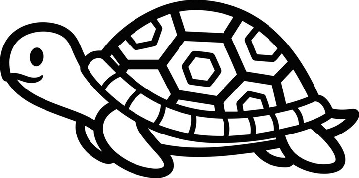 Cute cartoon turtle illustration, simple line art, black and white, isolated on white background.