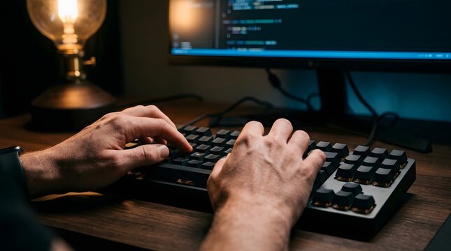 Professional Developer Hands Typing on Mechanical Keyboard with Code on Screen, Dark Moody Workspace for Software Engineering and Cyber Security
