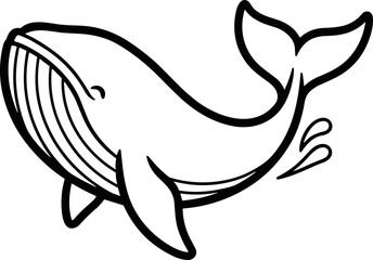 Whimsical whale illustration, black and white line art, playful ocean mammal splashing © Domboancok