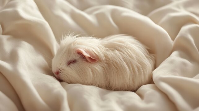 A sleeping albino Guinea Pig on soft white blankets