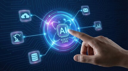 Fototapeta premium AI core software automation digital transformation data exchange api concept with human hand touching futuristic interface