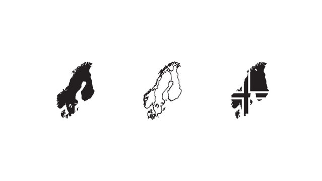 Three Norway map icons: silhouette, outline, and flag design&hellip;
