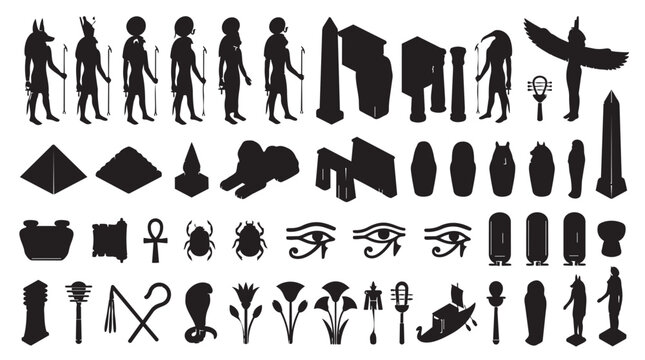 Ancient egyptian symbols and pharaoh silhouettes collection with hieroglyph monument architecture