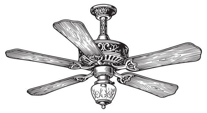 Detailed ceiling fan illustration with light fixture appliance interior electric circulation