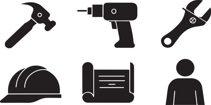 A vector set of black 3D steel tools icons and industrial hardware equipment including a camera computer key power gun weapon vice and clamp object for business technology illustration