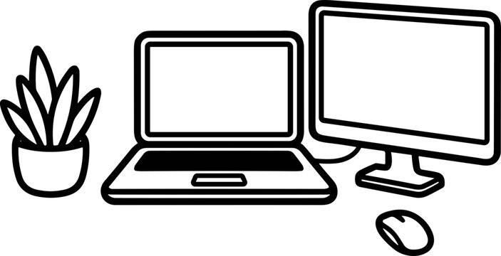 Minimalist illustration of laptop, computer monitor, mouse and potted plant on white background