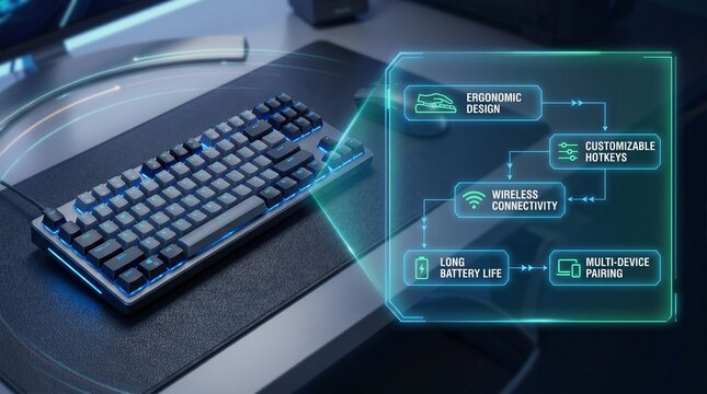 Mechanical gaming keyboard with futuristic feature infographic overlay