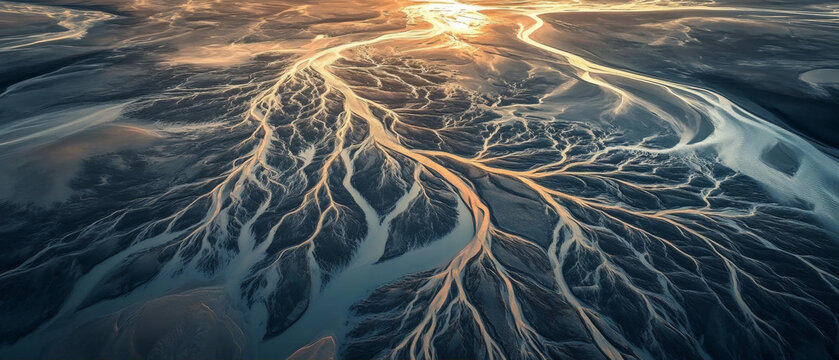 Aerial view of river branches forming abstract natural tree-like textures on the earth at sunset.