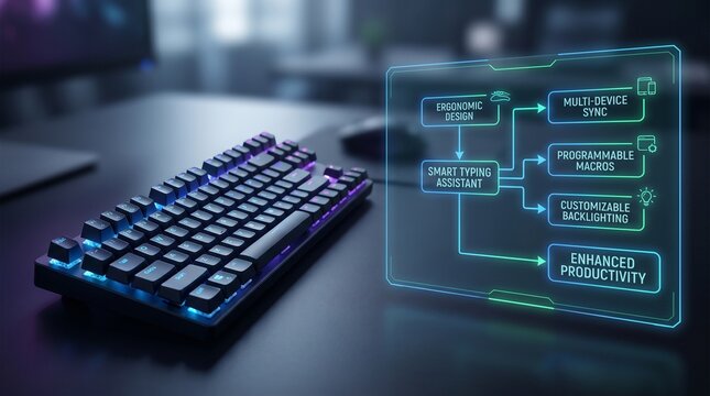 Futuristic mechanical keyboard with holographic productivity features