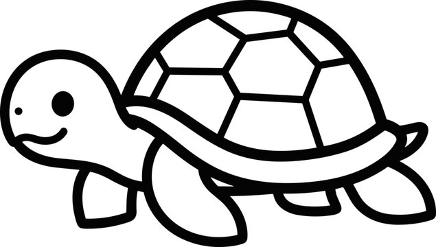 Cute cartoon turtle illustration, simple line art, black and white, happy animal drawing