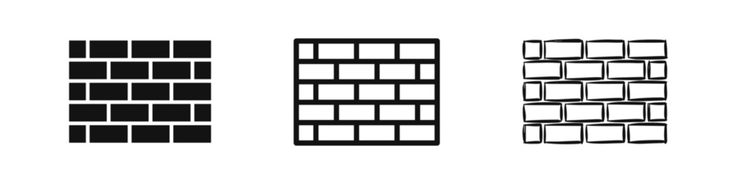 Brick Wall Texture Icons Set Symbolizing Construction and Security in Solid, Outline and Sketch Styles