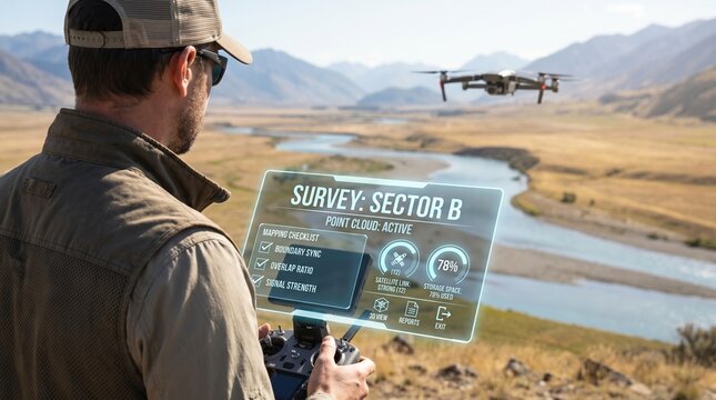 Drone operator surveying landscape with augmented reality interface