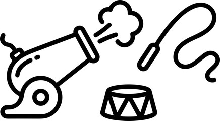 Circus Cannon Firing, Whip, and Drum Icon - Line Art Illustration © kacuk