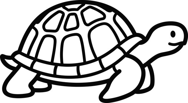 Cute cartoon turtle illustration, simple line art, white background, happy reptile character