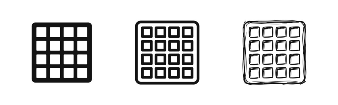 Breakfast Waffle or Grid Pattern Icon Set in Solid Outline and Hand Drawn Styles