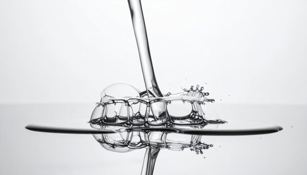 Molten silver liquid pouring into fragile abstract glass structures, creating a stunning splash with symmetric reflection on a polished metallic surface in a cinematic banner composition