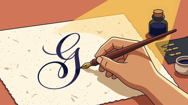Hand drawing the letter G with a fountain pen on textured paper.