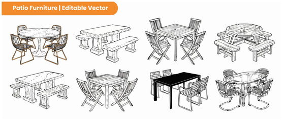 Obraz premium Patio furniture set vector illustrations of rustic outdoor wooden tables and metal chairs for garden dining projects, featuring sketchy line art drawings isolated on white background for layout.