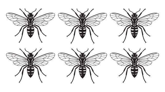 Collection of six stylized bee insect illustrations graphic icons with nature inspired, honeybee