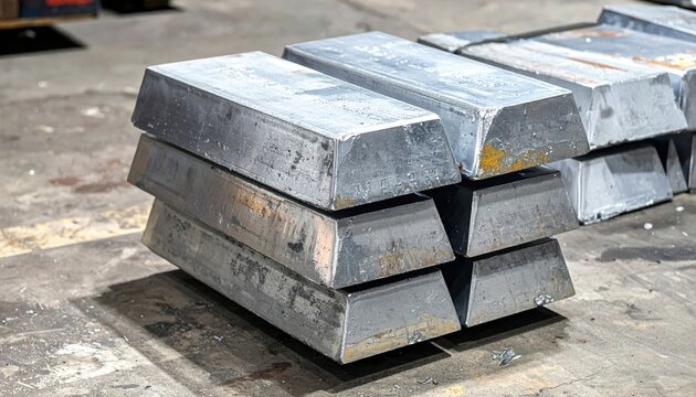 Unevenly Stacked Shiny Zinc Ingots Displaying Their Dull Grey Metallic Surfaces
