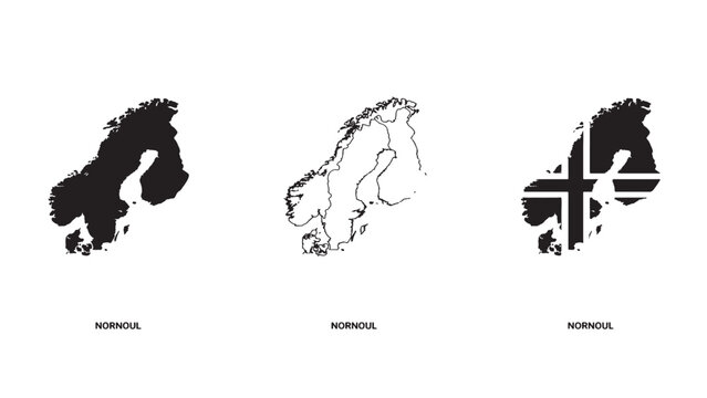 Three Norway map icons: silhouette, outline, and flag design&hellip;
