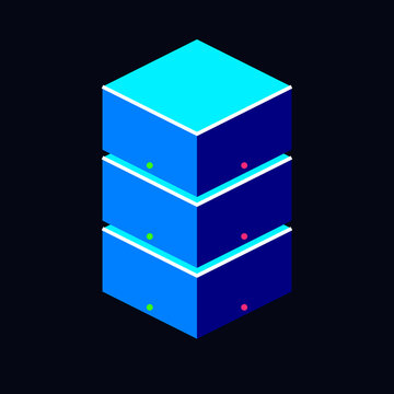 Modern isometric data server stack icon representing cloud storage network architecture and information technology infrastructure