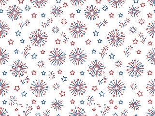 Fototapeta premium Red and blue fireworks and stars create a festive seamless pattern on a white background, celebrating holidays.